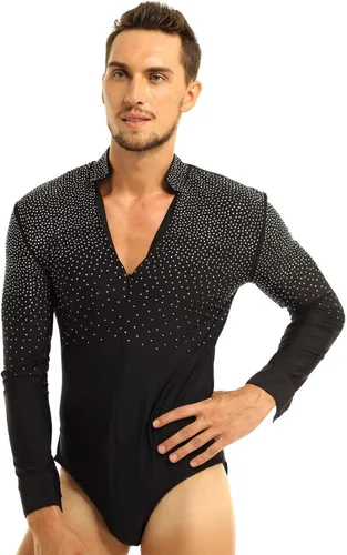 Vista 4 de TiaoBug Overol con cuello en V y diamantes de imitación brillantes para hombre de baile latino moderno leotardo