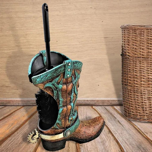 Vista 2 de Portaescobillas de inodoro para botas occidentales, decoración rústica de baño con diseño de bota de vaquero