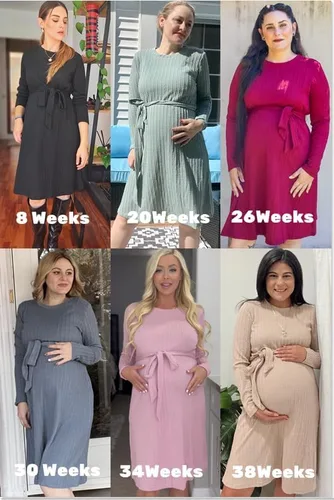 Vista 4 de Ekouaer Vestido de maternidad para mujer, de punto acanalado, manga larga, cuello redondo, ropa de embarazada con cinturón