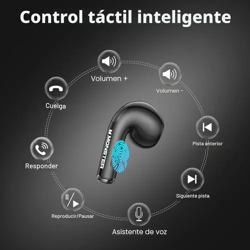 Vista 5 de Monster N-Lite 208 - Auriculares inalámbricos Bluetooth 5.4 con micrófono integrado, control táctil, auriculares Bluetooth con tiempo