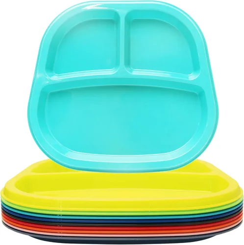 Vista 6 de Youngever Bandeja de plástico dividida para niños de 3 compartimentos, 3 platos, juego de 9 (9 colores costeros)