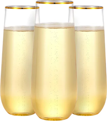 Vista 7 de N9R Copas de champán de plástico, 12 vasos desechables sin tallo de 9 onzas, vasos de tostado con borde dorado, vasos de cóctel transparentes