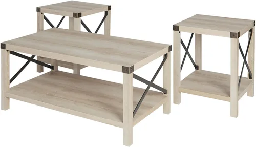 Vista 3 de Walker Edison Sedalia - Moderno juego de mesa auxiliar y mesa lateral de 3 piezas de estilo casa de campo con laterales en X de metal, paquete
