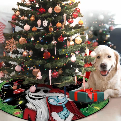 Vista 7 de Feliz Noche de Navidad. Mare Be Fore. Falda de árbol de Navidad de 60 pulgadas con cordones Jack and Sally - Falda de árbol artificial extragrande