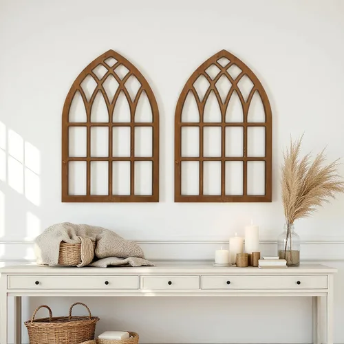 Vista 4 de Sintosin Marcos de ventana de granja para decoración de pared de sala de estar de 20 x 32 pulgadas, marco de ventana de madera rústica arqueada