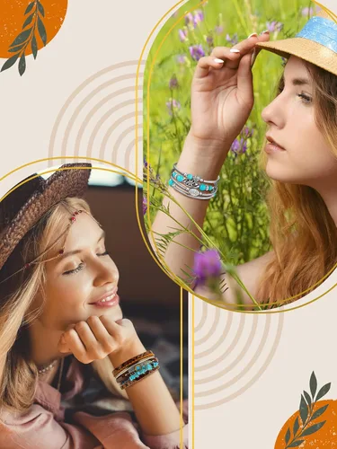 Vista 4 de Inbagi 3 piezas pulsera de turquesa para mujer pulsera de cuero joyería occidental para mujer brazalete de plata tipo puño, Talla única, No es una
