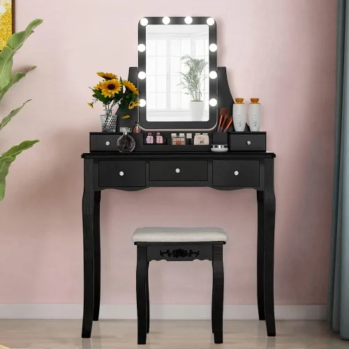 Vista 2 de Quimoo Escritorio grande con espejo iluminado LED y toma de corriente, mesa de tocador de maquillaje con 7 cajones, 4 estantes y 5 ganchos