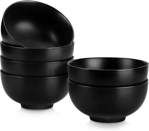 MALACASA Juego de 6 cuencos de sopa de porcelana de 26 onzas, cuencos de cerámica negra para cocina, cuenco de cereales para avena, fruta, ensalada,