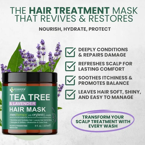 KESMEDIK Paquete de champú y mascarilla para el cabello de lavanda de árbol de té, champú para aliviar la picazón del cuero cabelludo y mascarilla