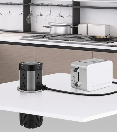 Vista 6 de Toma de corriente emergente para encimera, cargador inalámbrico de 15W PD 45W, 2 USB-A y 2 USB-C y 8 tomas de CA 15A resistentes a manipulaciones