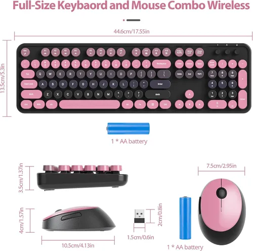 Vista 5 de Juego de teclado y mouse inalámbricos, máquina de escribir retro, 2.4 GHz, tamaño completo, 104 teclas, lindo teclado con teclado numérico, colorido