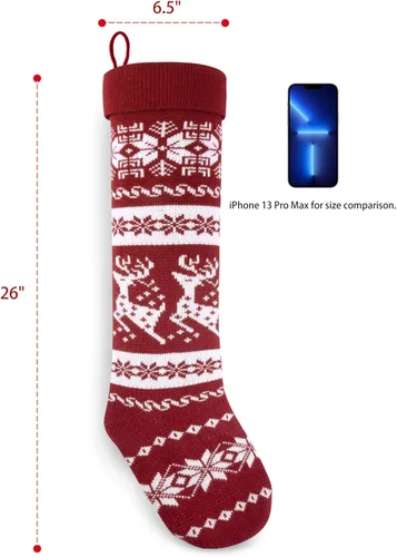 Vista 4 de Medias de Navidad de punto de estilo nórdico extra largas de 26 pulgadas en borgoñablanco para rellenos y decoración de repisas, paredes y escaleras
