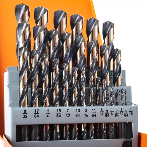 Juego de 29 brocas de cobalto, acero de alta velocidad con punta de 135 grados con acabado negro y dorado, acero inoxidable, plástico y madera con