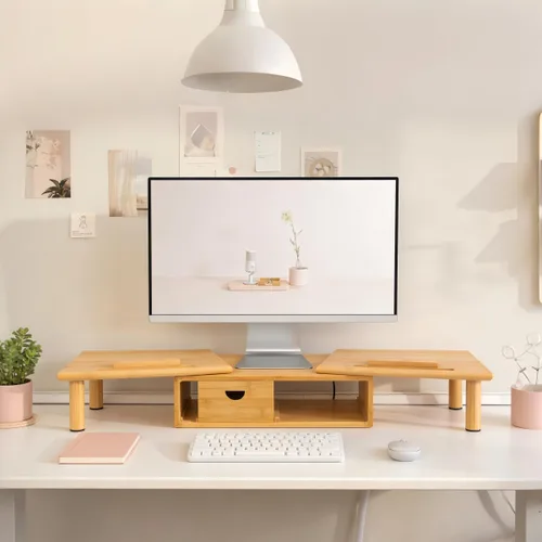 Vista 5 de Soporte elevador de monitor dual con cajón para escritorio, estante para portátil con longitud y ángulo ajustables, soporte de bambú