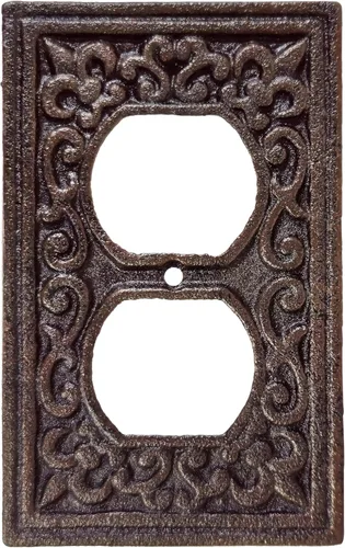 Vista 2 de Lulu Decor, Fleur De Lis - Placa de enchufe de hierro fundido en acabado marrón rústico antiguo