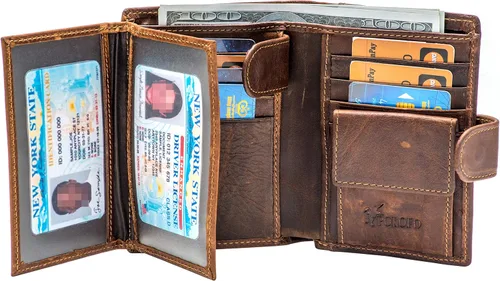 Vista 3 de Portatarjetas de cuero genuino RFID grande con cierre a presión 3 ventanas de identificación para hombres Clásico