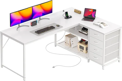 Vista 16 de PRAISUN Escritorio pequeño para computadora de 43.3 pulgadas con tomas de corriente y puerto USB-C, escritorio esquinero reversible en forma de L