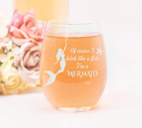 Vista 3 de C M Copa de vino sin tallo con texto en inglés "Of Course I Drink Like a Fish I'm a Mermaid Stemless", regalo divertido con temática de sirena