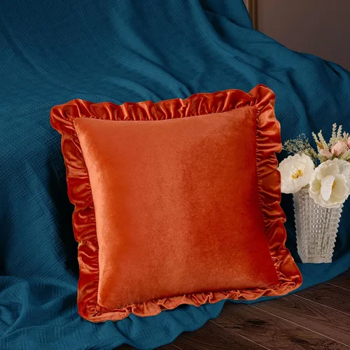 Vista 2 de Juego de 2 fundas de almohada de terciopelo, suaves fundas decorativas con volantes para sofá, sofá cama y dormitorio, 18 x 18 pulgadas, naranja