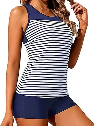Vista 4 de Yonique Racerback Tankini Traje de baño corto de dos piezas para mujer