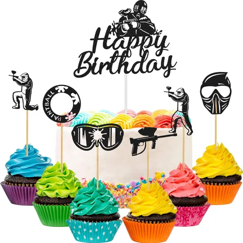 Jetec 37 piezas de decoración para tartas de paintball, suministros de fiesta de cumpleaños, decoración de cupcakes de paintball, silueta con