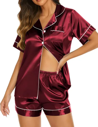 Vista 38 de Ekouaer Pijamas de seda para mujer, ropa de dormir de manga corta, suave, con botones, ropa de descanso, 2 piezas, pijama de satén, conjunto