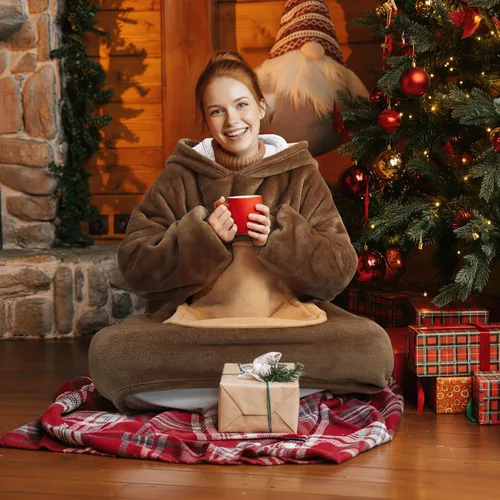 Vista 7 de Queenshin Wearable Blanket Hoodie, Oversized Flannel Comfy Sweatshirt for Adults,Warm Cozy Hooded Body Blanket