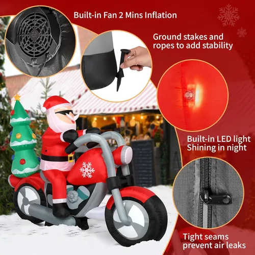 Vista 3 de Outvita Decoraciones Inflables de Navidad para Exteriores de 6 Pies con Luces LED, Santa Inflable Montando Motocicleta con un Árbol, Decoración