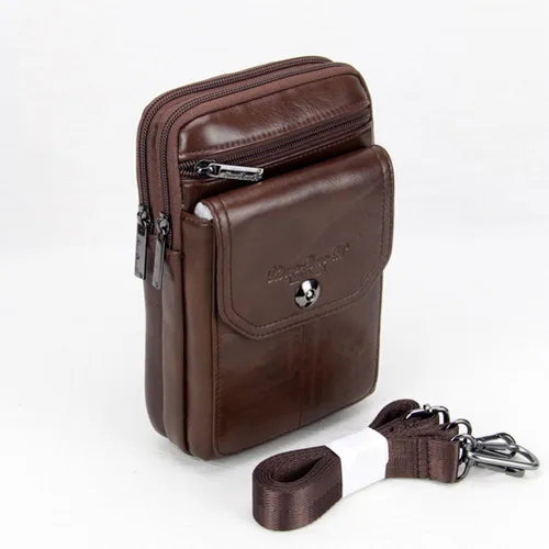 Vista 8 de Riñonera de piel de vaca de capa superior para hombre, riñonera lateral, bolsa para teléfono inteligente, modelo 8-marrón