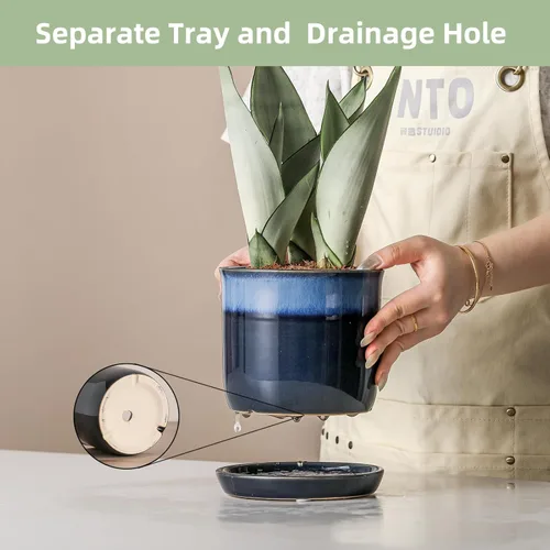 Vista 38 de Macetas de 5.8 pulgadas: maceta de cerámica con orificio de drenaje y platillo - Maceta para plantas de interior y exterior - Diseño con cuentas