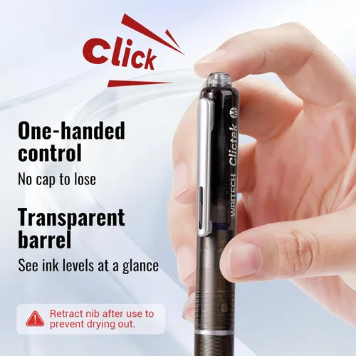 Vista 3 de WRITECH Clictek Pluma Estilográfica Retráctil: Plumín Medio Tinta Azul Barril Transparente Incluye 5 Cartuchos de Tinta Recargables, Escritura Suave