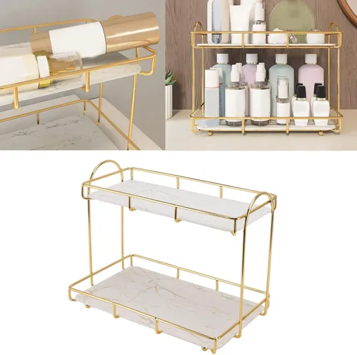 Vista 4 de Fydun 2 Tier Cosmetic Storage Shelf Large Capacity Waterproof Gold Metal Storage Shelf Rack for Bathroom Kitchen Bedroom