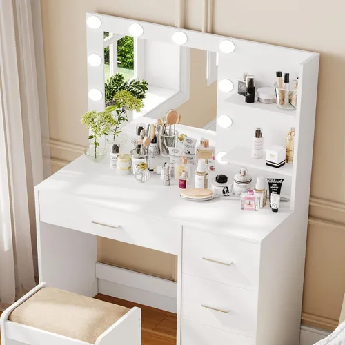 Vista 8 de Rovaurx Escritorio de tocador con espejo y luces, mesa de tocador de maquillaje con estantes de almacenamiento y 4 cajones, tocador de dormitorio