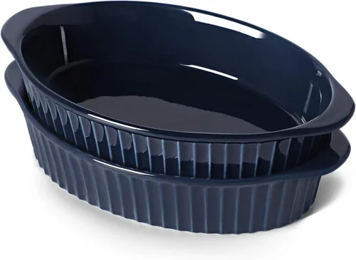 LEETOYI Juego de 2 sartenes ovaladas de porcelana para gratinar para 1 o 2 personas, utensilios para hornear con doble asa para cocina y hogar, Azul