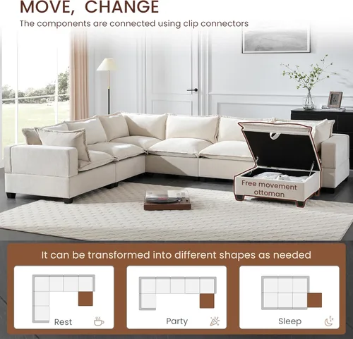 Vista 7 de Merax Modern U-Shaped Modular Couch Set with Storage Ottoman, Chenille 7-Seat Sectional Sofa Sleeper Bed with Wide Seat for Living Room, Free Off