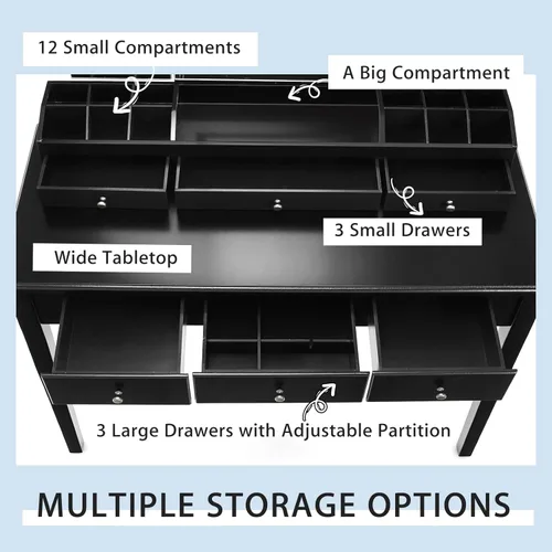 Vista 5 de CHARMAID Juego de tocador grande con espejo iluminado de tres pliegues, 3 modos de iluminación de color, 6 cajones, 12 compartimentos