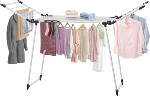 Vista 11 de Estante de secado de ropa, estante de lavandería Gullwing, plegable, ahorra espacio, con clips para calcetines, para ropa, toallas, ropa de cama