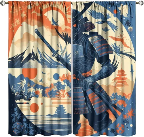 Asian Japanese Samurai Blackout Curtains, Watercolor Floral Sun Mountain Art Style Window Drapes, for Kid Teens Boys Man Living Room Bedroom 42" W X