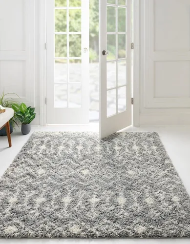 Vista 30 de Unique Loom Alfombra marroquí Trellis Shag Collection - Meknes (2 x 5 pies 1 pulgada, color marfil/gris)