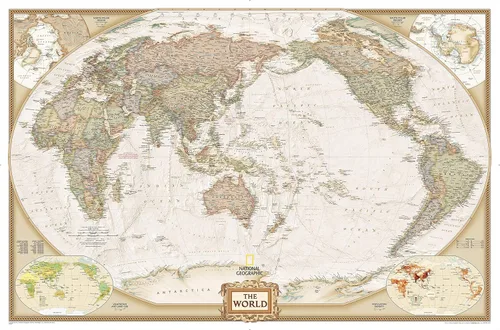 National Geographic World Executive, mapa de pared centrado en el Pacífico, estilo antiguo, extragrande, 73 x 48 pulgadas, lienzo enrollado