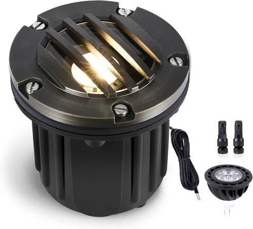 Gardenreet Luz de pozo de latón 12V LED impermeable para exteriores, iluminación de paisaje de bajo voltaje Ip65 de grado, luz superior rejillada
