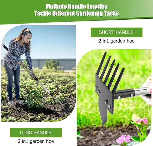 Vista 4 de Herramientas de jardín 2 en 1, herramienta de extracción de malezas de 17-58 pulgadas con mango largo, mango resistente, azada de jardín y rastrillo