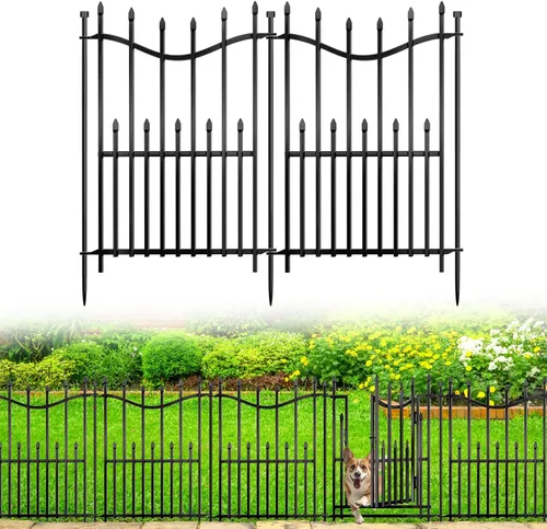 5 paneles de valla decorativa para jardín sin excavación con puerta, 24 pulgadas de alto x 11 pies de largo, paneles de metal resistentes a la