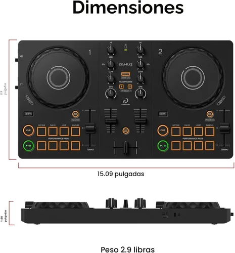 Vista 8 de Pioneer DJ AlphaTheta DDJ-FLX2 Paquete de controlador DJ compacto de 2 canales con estuche, cable para instrumentos y paño de pulido Austin Bazaar