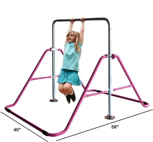 Vista 6 de Juego de columpios de gimnasia 3 en 1 para niños, barra de kip bar, anillos de trapecio, torre de escalada horizontal ajustable, color rosa