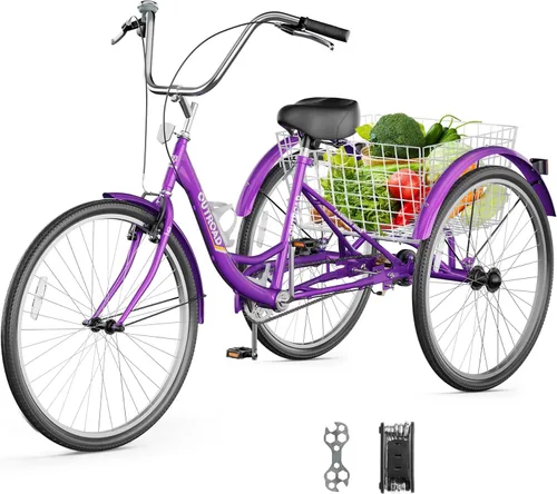 Triciclo para adultos de 1 velocidad, bicicletas de 3 ruedas con canasta grande, bicicleta de crucero para mujeres/hombres/personas mayores,