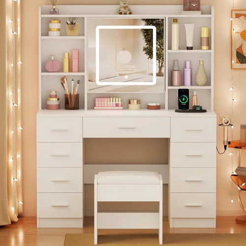 Vista 7 de BEWISHOME - Escritorio de maquillaje con espejo y luces, mesa de tocador con toma de corriente, mesa de tocador con taburete con 9 cajones y 6