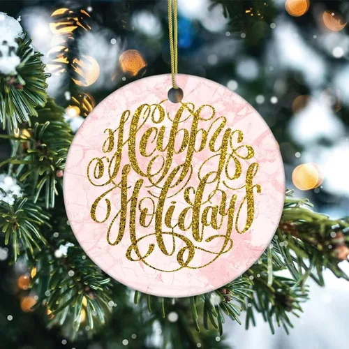 Vista 2 de Two-Side Printed Happy Holiday Ceramic Christmas Ornament, Novelty for Family Friends Kids, Marble Printed Christmas Keepsake Pendants