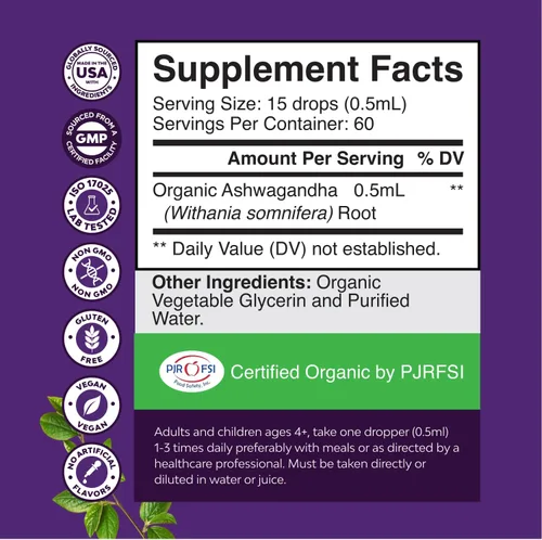 Vista 3 de USDA - Gotas líquidas orgánicas de Ashwagandha - Extracto de raíz de Ashwagandha para el estrés y el estado de ánimo - Deliciosas gotas