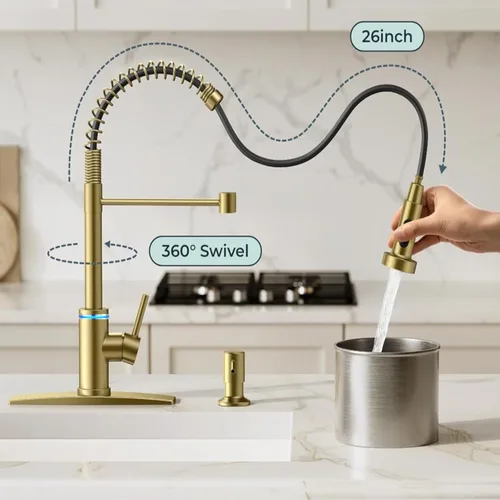 Vista 7 de VIDEC Grifo de cocina inteligente, rociador desplegable de 3 modos, sensor táctil activado, control de temperatura LED, rotación de 360 grados